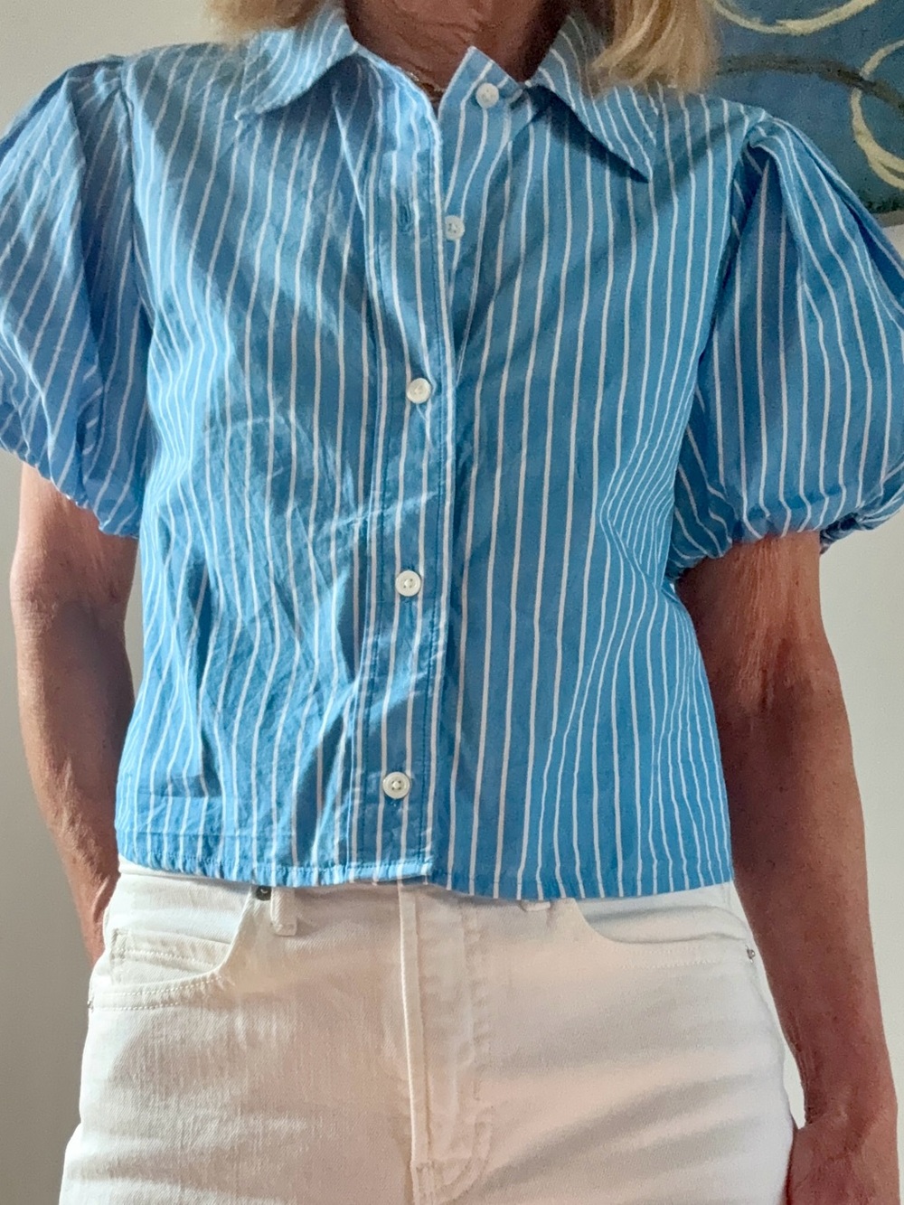 J Crew Blue and White Striped Puff Sleeve Button-Up Top